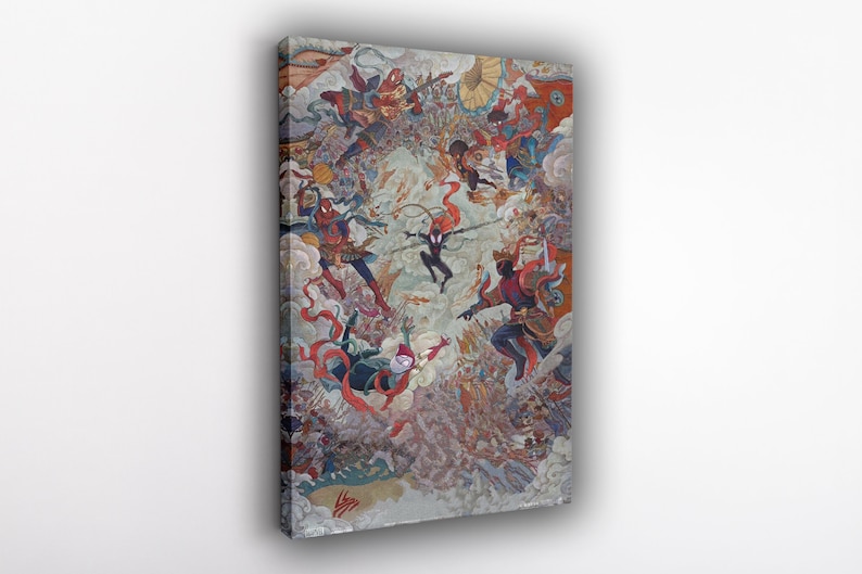 May include: A colorful painting depicting a group of figures in a circular formation, with a central figure in black and red clothing. The figures are surrounded by clouds and other abstract elements, creating a dynamic and visually striking composition.