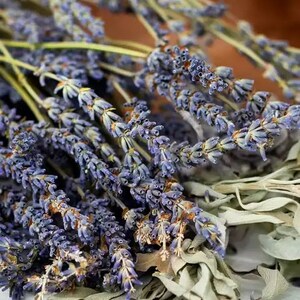 Può includere: Un mazzo di lavanda e salvia secche. La lavanda è di colore viola chiaro e la salvia è di colore verde chiaro.