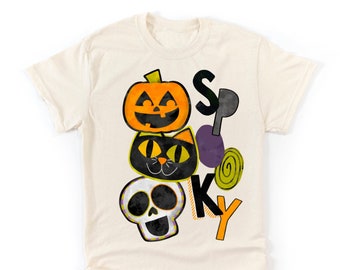 Spooky Halloween Adult Shirt - Spooky Season Black Cat Pumpkin Skull Shirt - Natural Adult Tee