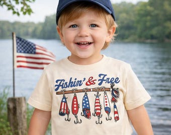 Kids Fishin And Free Lure T-Shirt - 4th Of July Patriotic Fishing Tee