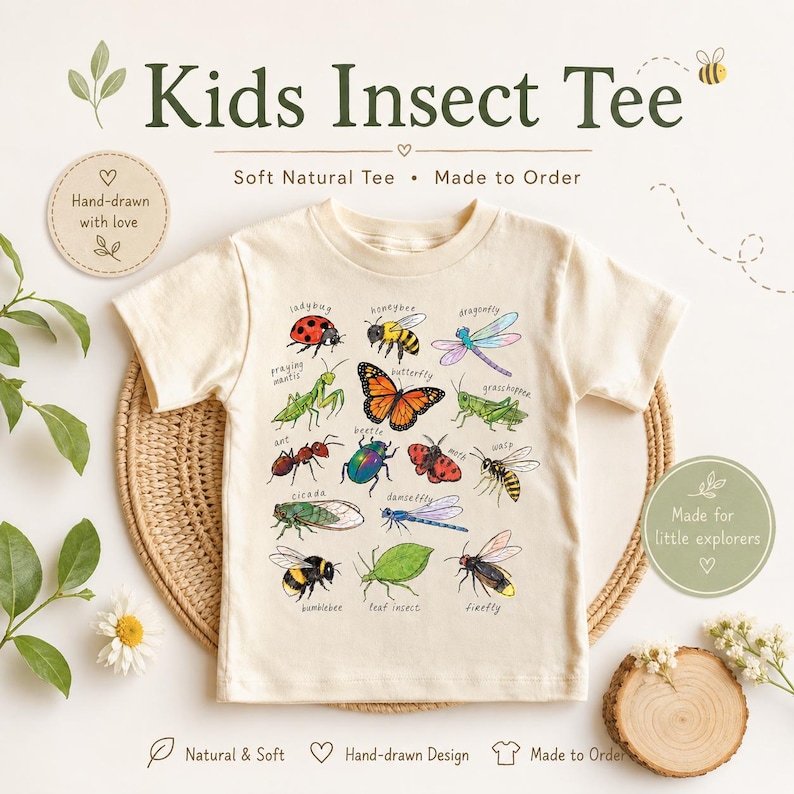 May include: A cream-coloured Kids Insect Tee featuring a colourful insect illustration. The shirt displays a ladybug, butterfly, dragonfly, and other insects. Text on the shirt reads "Kids Insect Tee", "Soft Natural Tee", and "Made to Order".