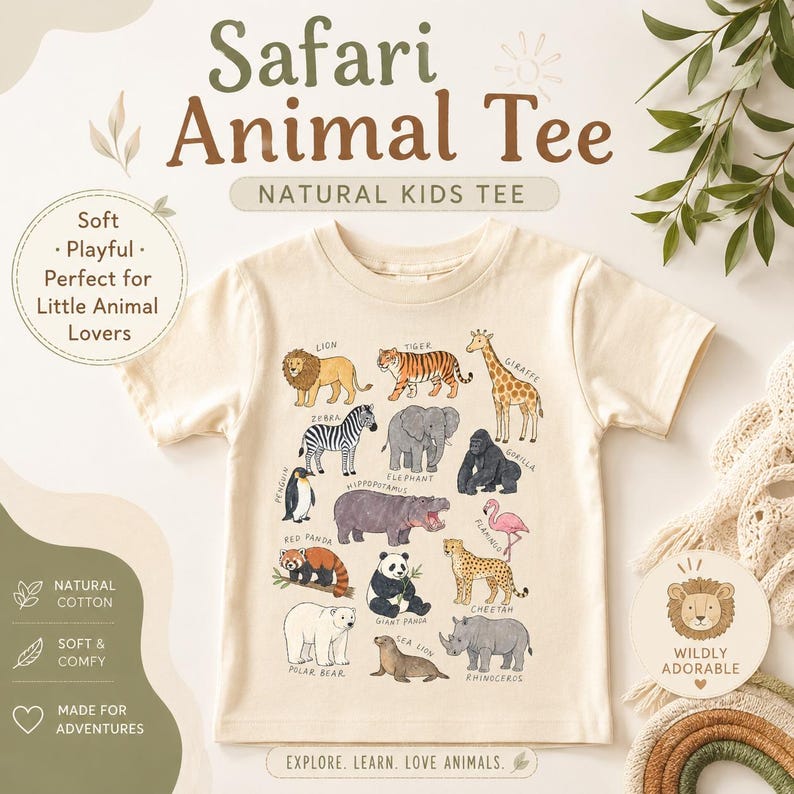 May include: Cream-colored Safari Animal Tee for kids. The shirt features a colorful illustration of various safari animals, including a lion, tiger, giraffe, zebra, elephant, and gorilla. The text on the shirt says "Safari Animal Tee" and "Explore. Learn. Love Animals."