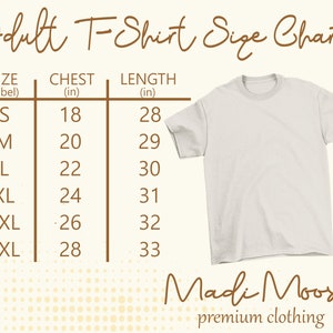 May include: A size chart for adult t-shirts with measurements in inches. The chart shows the size label, chest measurement, and length measurement for sizes S, M, L, XL, 2XL, and 3XL.