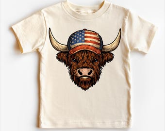 Patriotic Highland Cow Kids T-Shirt – 4th Of July USA Flag Hat Western Cow Graphic Tee