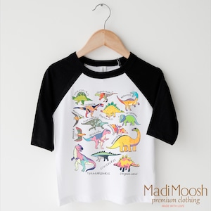 May include: White t-shirt with black sleeves featuring a colorful graphic of various dinosaurs with their names printed below. The shirt has a baseball style design with black sleeves and a white body.