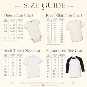 May include: Size guide chart with measurements for onesies, kids t-shirts, adult t-shirts, and raglan sleeve shirts. Includes chest and length measurements in inches and weight in pounds.