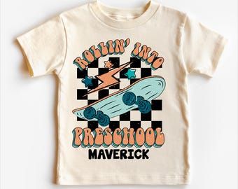 Rolling Into Preschool 1st Day Of School Personalized Shirt - Toddler Tee - Skateboard School Kids T-Shirt
