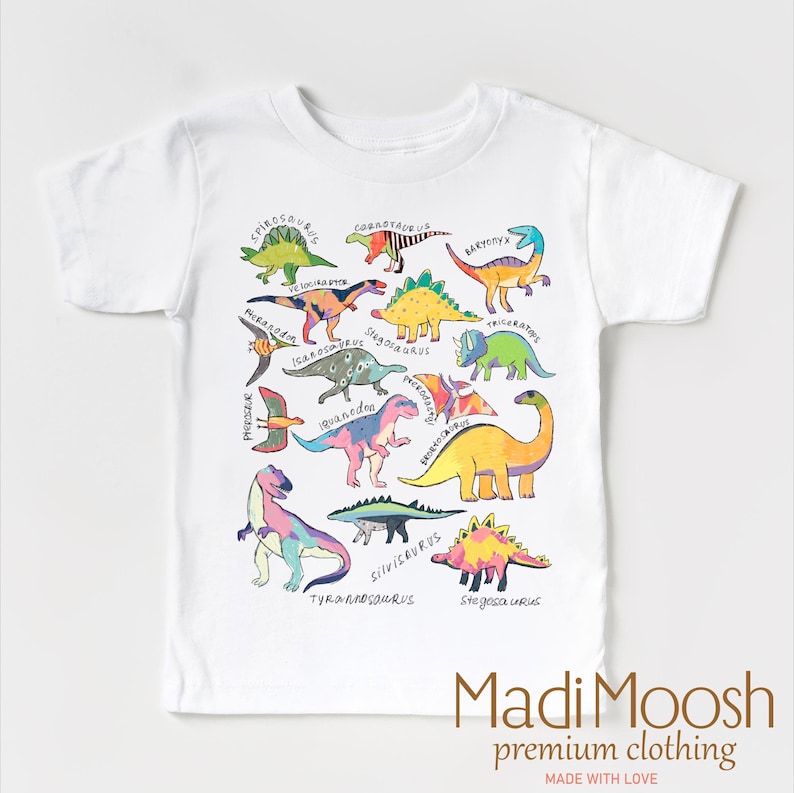May include: White t-shirt with a colorful dinosaur print. The dinosaurs are all different colors and have names written underneath them. The shirt has the text "Madi Moosh premium clothing MADE WITH LOVE" at the bottom.
