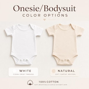 May include: Two short-sleeved baby bodysuits, one white and one natural, displayed side-by-side. Text above reads "Onesie/Bodysuit COLOR OPTIONS." Below, text indicates "WHITE" and "NATURAL" colour options. The bottom text says "100% COTTON."