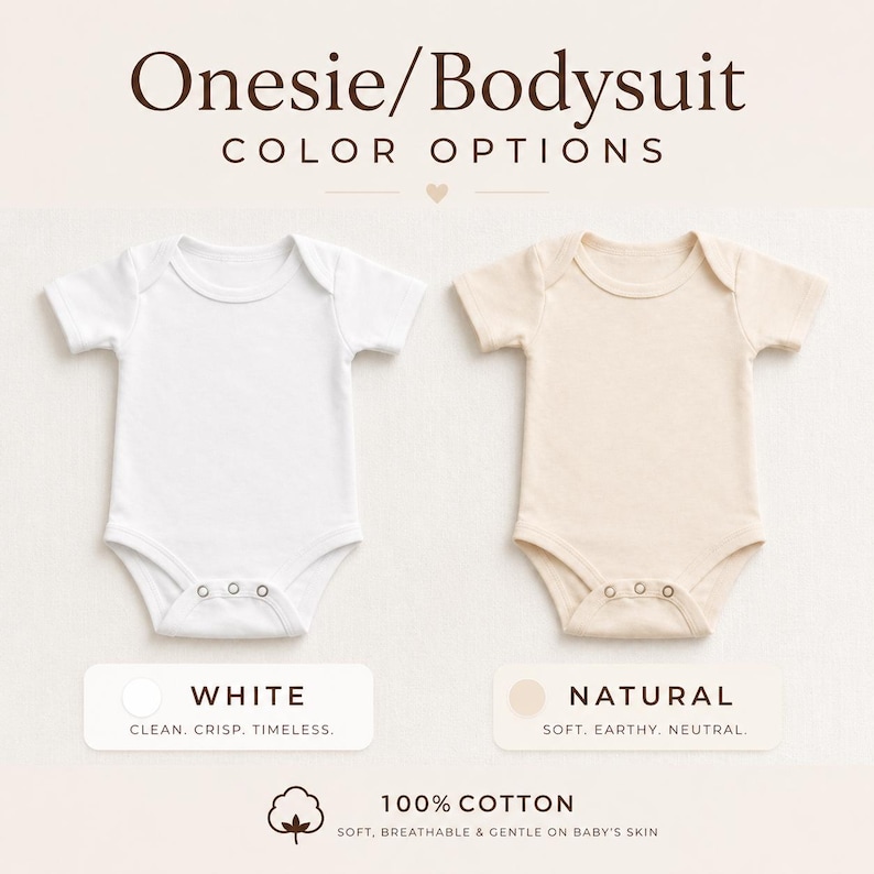 May include: Two short-sleeved baby bodysuits, one white and one natural, displayed side-by-side. Text above reads "Onesie/Bodysuit COLOR OPTIONS." Below, text indicates "WHITE" and "NATURAL" colour options. The bottom text says "100% COTTON."