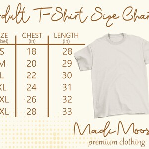 May include: A size chart for adult t-shirts with measurements in inches. The chart shows the size label, chest measurement, and length measurement for sizes S, M, L, XL, 2XL, and 3XL.