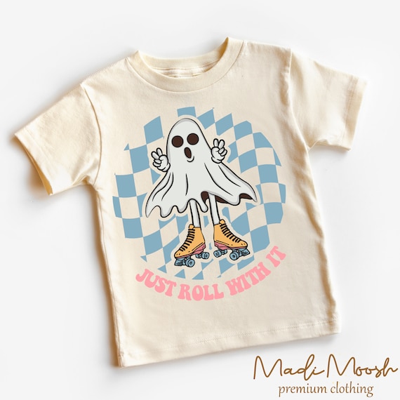 Just Roll With It Halloween Toddler Shirt - Retro Roller Skating Vintage Ghost Halloween Kids Shirt - Natural Toddler Tee