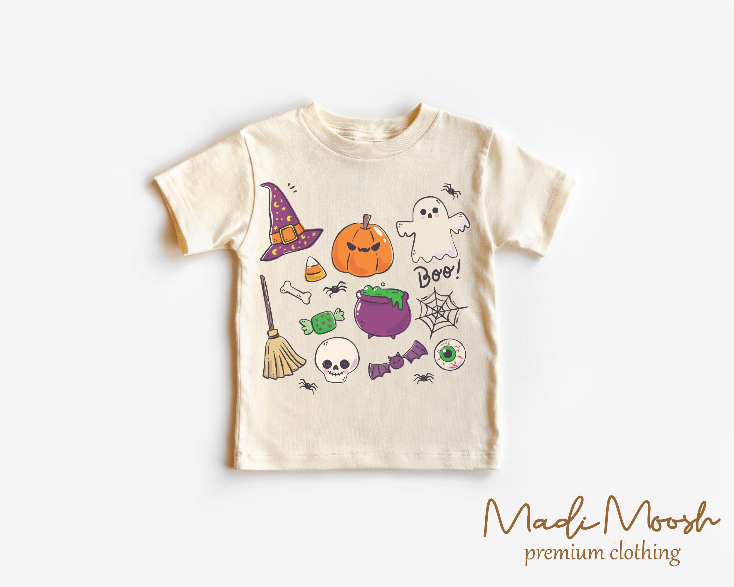 Pumpkin Witch Ghost Skull Toddler Shirt - Halloween Kids Shirt - Natural Toddler Tee