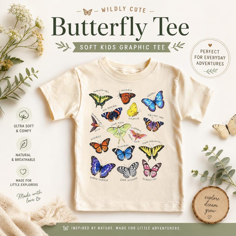 May include: Cream-colored kids' graphic tee featuring colorful butterfly illustrations with names like 'Monarch' and 'Swallowtail'. The shirt has the text 'Butterfly Tee' and 'Soft Kids Graphic Tee'. The shirt is described as 'Ultra Soft & Comfy' and 'Natural & Breathable'.