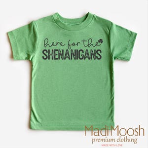 Kids St Patrick's Day Here For The Shenanigans Shirt | Green St Pattys Day Tee | Kids St Patricks Day Shirt