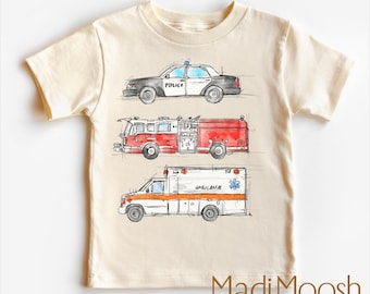 Retro Emergency Vehicles Shirt - Firetruck, Police Car, Ambulance Shirt - Kids Tee