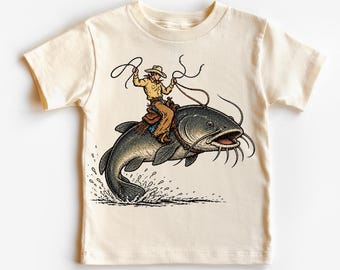Cowboy Catfish Shirt, Fishing Rodeo Tee, Kids Western Fish Graphic, Funny Lake Top, Toddler Ranch Outfit
