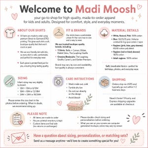 May include: An information graphic for Madi Moosh apparel, detailing shirt features, fit, brands, materials, sizing, care instructions, and shipping. The text is in pink and black. Measurements are in inches.