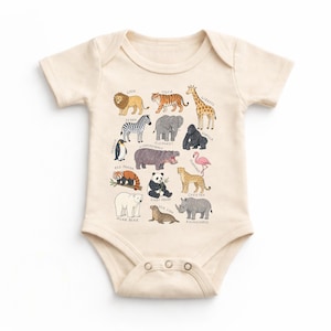 May include: A cream-colored baby onesie featuring a colorful illustration of various animals, including a lion, tiger, giraffe, zebra, elephant, gorilla, penguin, hippo, red panda, panda, cheetah, polar bear, sea lion, rhinoceros, and flamingo.