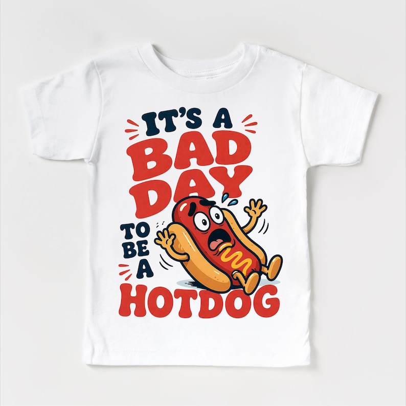 Bad Day Hotdog Shirt, Funny Kids Tee, Toddler Summer Outfit, Cute Food Graphic Top, Boys BBQ Party Shirt bild 4