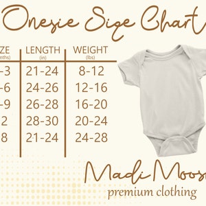 May include: A cream-colored baby onesie next to a size chart. The chart lists sizes in months, length in inches, and weight in pounds. The text "Onesie Size Chart" and "Madi Moosh premium clothing" are also visible.