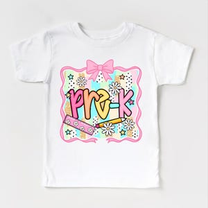 Girls Cute Pre-K Back To School Personalized Shirt | Bows and Pencils | First Day of School Tee | Custom Kids T-Shirt bild 6