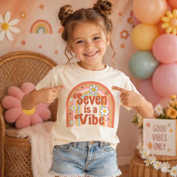 Seven Is A Vibe 7th Birthday Shirt - Girls Birthday Shirt - Kids Rainbow Natural Toddler Tee - Kids Shirt