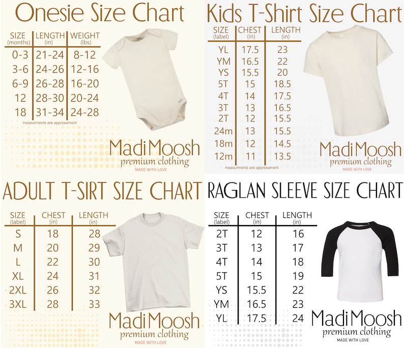 K&ouml;nnte beinhalten: Gr&ouml;&szlig;entabelle f&uuml;r Strampler, T-Shirts und Raglan-&Auml;rmel-Shirts. Die Tabelle enth&auml;lt die Ma&szlig;e f&uuml;r Brustumfang und L&auml;nge in Zoll. Die Tabelle ist f&uuml;r Kinder und Erwachsene. Die Tabelle ist von Madi Moosh Premium-Kleidung, hergestellt mit Liebe.