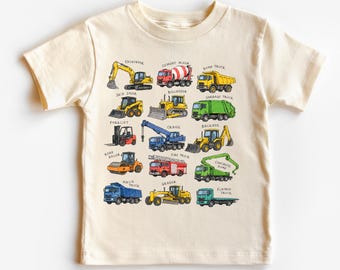 Kids Construction Truck Shirt, Heavy Equipment Graphic Tee, Educational Vehicle T-Shirt for Boys and Girls