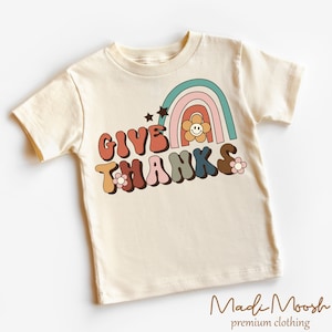 Give Thanks Rainbow Kids Shirt - Fall Thanksgiving Retro Toddler Tee - Natural Kids Shirt