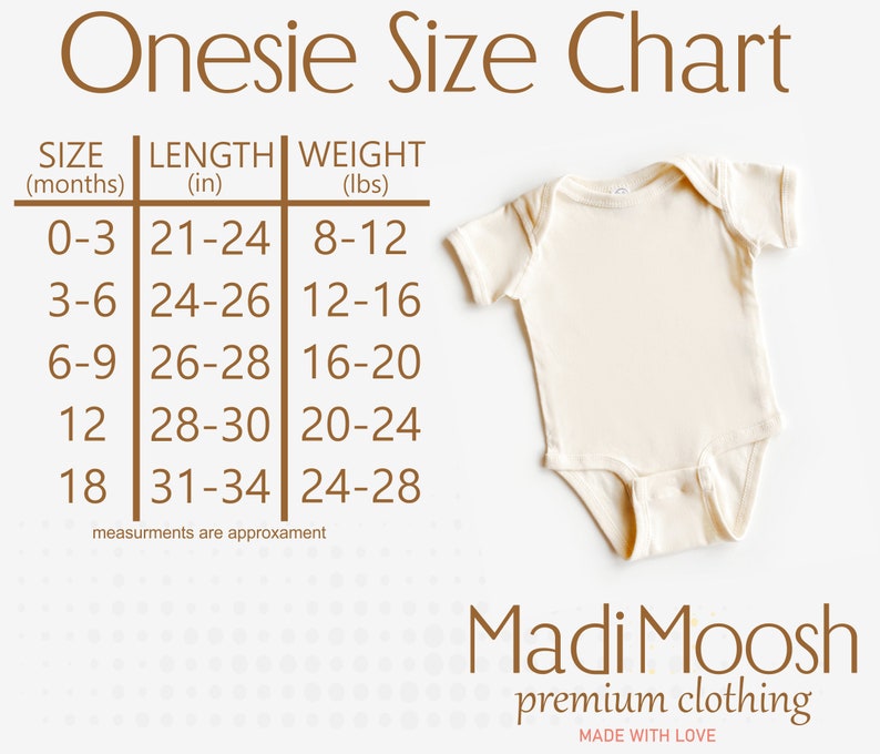 May include: A size chart for onesies, showing the length in inches and weight in pounds for different sizes. The chart shows sizes from 0-3 months to 18 months. The chart is printed on a white background with brown text. The text "Madi Moosh premium clothing MADE WITH LOVE" is printed at the bottom of the chart.