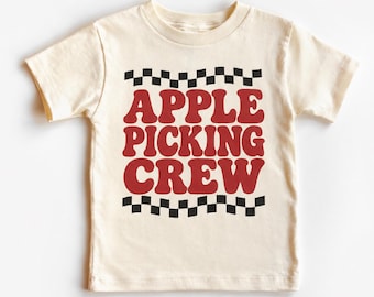 Apple Picking Crew Shirt for Kids & Adults, Retro Red Lettering and Black Checkered Tee