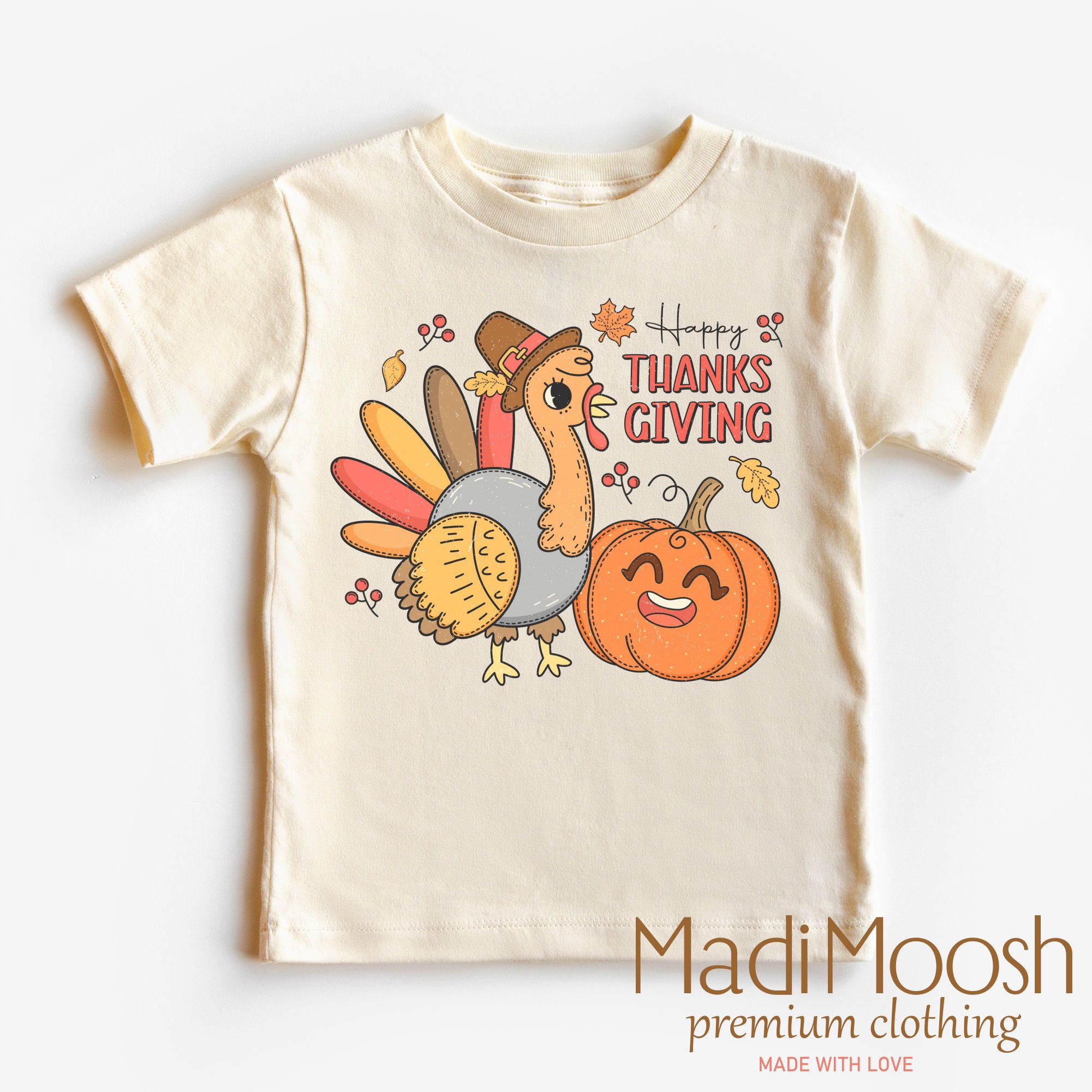 Happy Thanksgiving Shirt - Turkey Pumpkin Toddler Tee - Retro Natural Thanksgiving Kids Shirt - Adult, Youth, Toddler, Kids, & Baby
