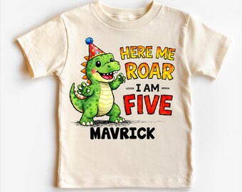 Dinosaur Here Me Roar I'm Five 5th Birthday Shirt - Boys Personalized Fifth Birthday T-Rex Tee - Kids 5 Rex Bday T-Shirt