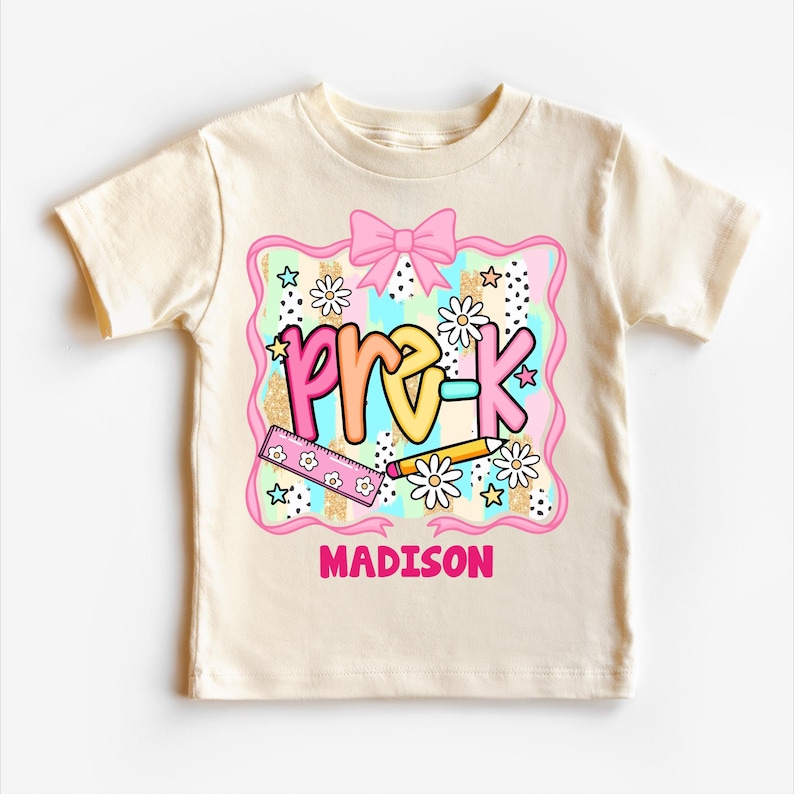 Girls Cute Pre-K Back To School Personalized Shirt | Bows and Pencils | First Day of School Tee | Custom Kids T-Shirt bild 1