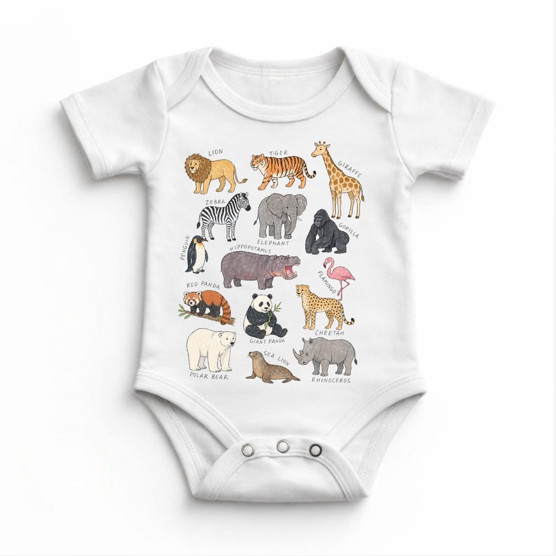 May include: White baby bodysuit featuring colorful illustrations of various animals, including a lion, tiger, giraffe, zebra, elephant, gorilla, penguin, red panda, polar bear, panda, sea lion, cheetah, and rhinoceros. The names of the animals are printed below each illustration.