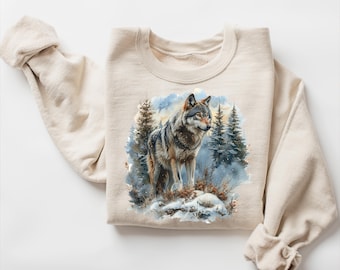 Retro 90's Winter Wolf Scene Sweatshirt - Vintage Grey Wolf Watercolor Style Crewneck Sweater