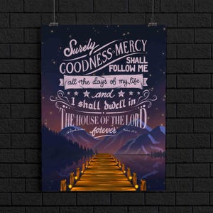 Psalm 23:6 Bibelvers Kalligraphie Handschrift Schrift (gedrucktes Poster/Wandkunst) << Güte und Barmherzigkeit >>