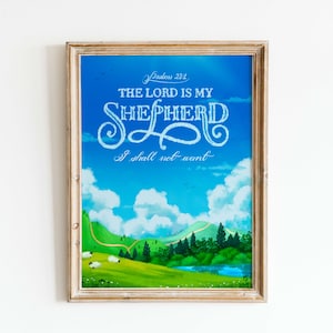 May include: A framed print with a blue sky, white clouds, and a green landscape. The print features the text "Psalm 23:1 The Lord is my Shepherd I shall not want".