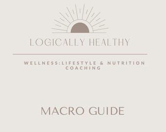 Może przedstawiać: Logo firmy coachingowej zajmującej się zdrowiem o nazwie "Logically Healthy: Wellness: Lifestyle & Nutrition Coaching". Logo przedstawia stylizowane słońce z brązowym kołem w środku. Tekst "MACRO GUIDE" znajduje się pod logo.