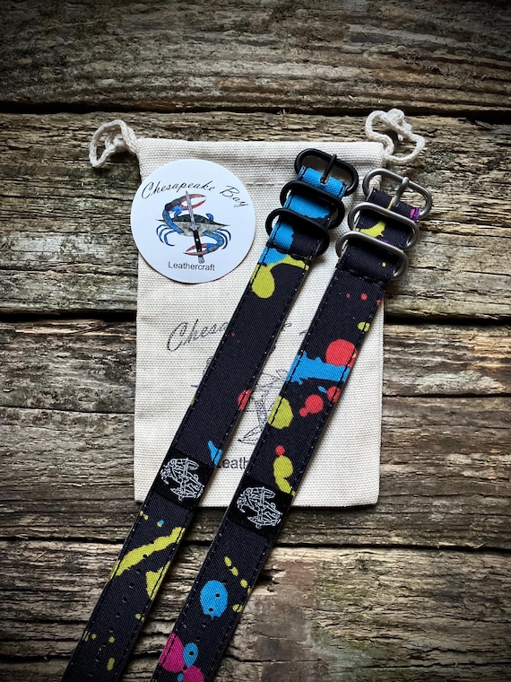 Chesapeake Bay Leathercraft Leather/Canvas Hybrid Splatter Print Single Pass Watch Strap - 20mm and 22mm