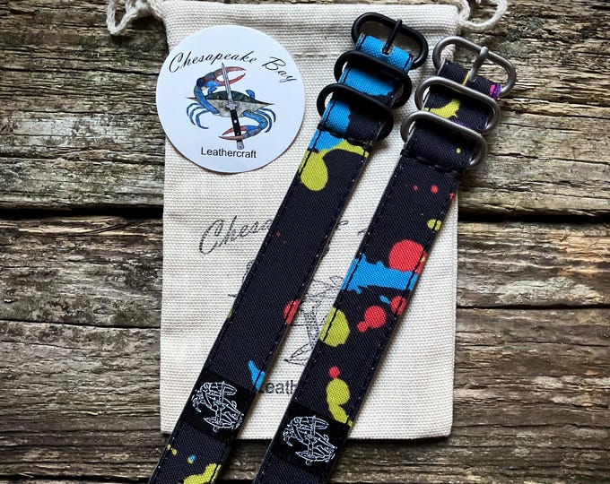 Chesapeake Bay Leathercraft Leather/Canvas Hybrid Splatter Print Single Pass Watch Strap - 20mm and 22mm
