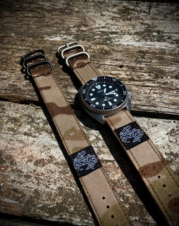 Chesapeake Bay Leathercraft Hybrid Leather/Canvas Hybrid Multicam Arid Single Pass Watch Strap - 20mm and 22mm