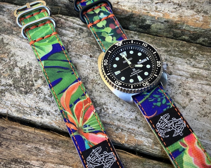 Chesapeake Bay Leathercraft Leather/Nylon Canvas Tropical Single Pass Watch Strap - 20mm and 22mm