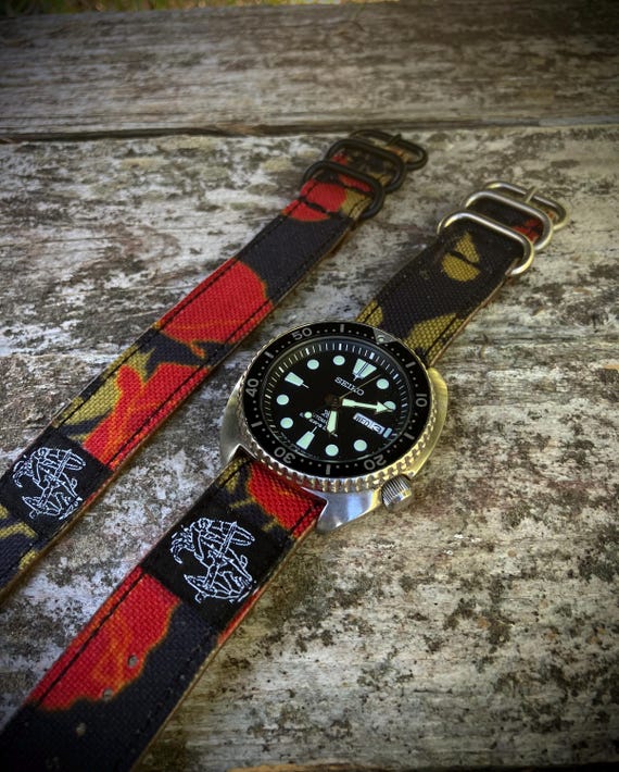 Chesapeake Bay Leathercraft Leather/Canvas Hybrid Poppies of War Single Pass Watch Strap - 20mm and 22mm