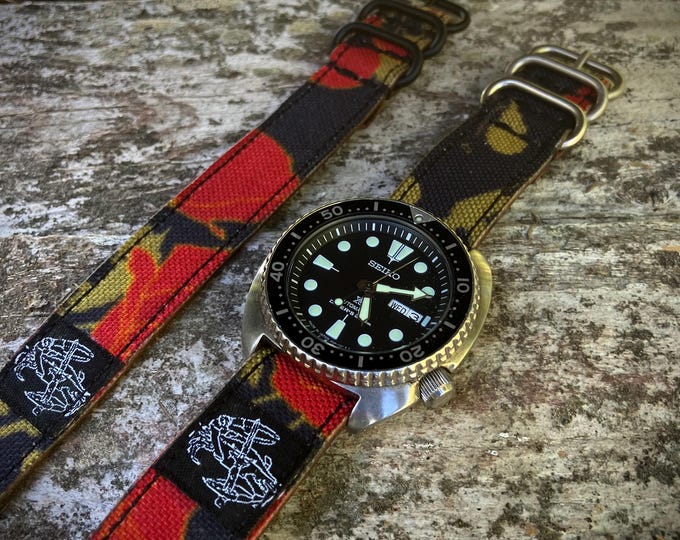 Chesapeake Bay Leathercraft Leather/Nylon Canvas Poppies of War Single Pass Watch Strap - 20mm and 22mm