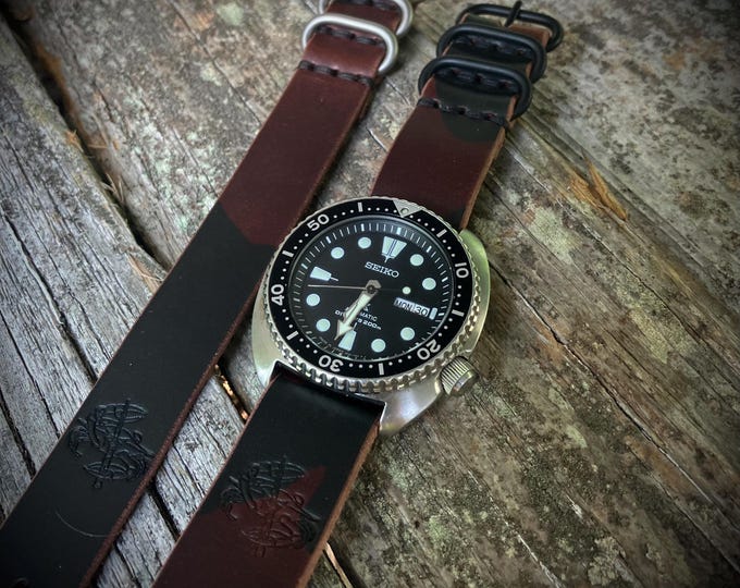 Italian Leather Brown Camo Single Pass NATO Style Watch Strap - 20mm and 22mm