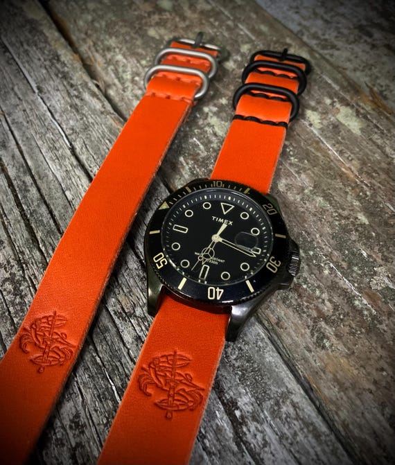 Leather Single Pass Watch Strap 20mm 22mm - Orange