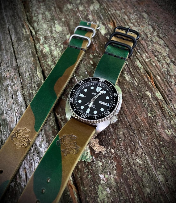 Leather Single Pass Watch Strap 20mm 22mm - Green/Brown Camo