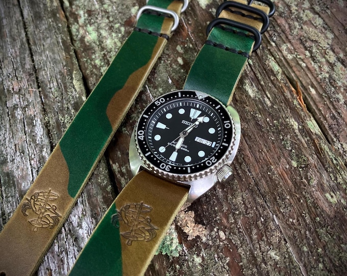 Leather Single Pass Watch Strap 20mm 22mm - Green/Brown Camo